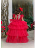 Cap Sleeves Gold Lace Red Tulle High Low Flower Girl Dress